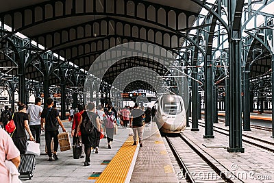 Heilongjiang,Harbin-15 AUG 2019:passenger on Harbin new high speed railway station platform Editorial Stock Photo