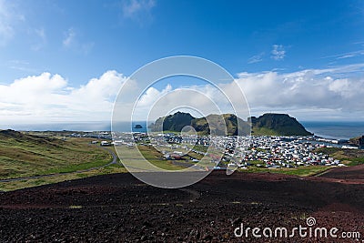 Heimaey town aerial view from Eldfell volcano Stock Photo