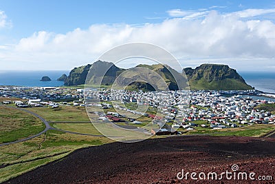 Heimaey town aerial view from Eldfell volcano Stock Photo
