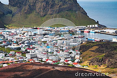 Heimaey Town Aerial View from Eldfell Volcano, Iceland, Westman Islands Stock Photo