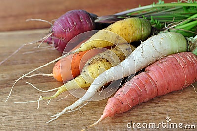 Heirloom fresh carrots Purple, orange yellow and white Stock Photo