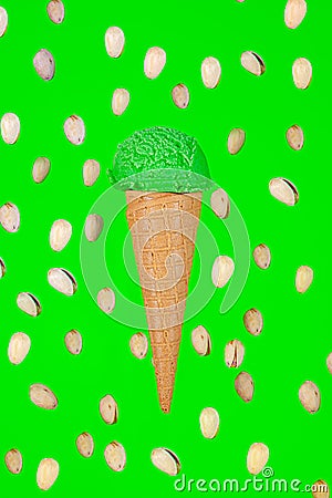 helado de pistacho flotante con pistachos flotantes sobre fondo verde Stock Photo