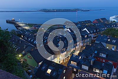 Aerial night view village Helgoland with lluminated main street Editorial Stock Photo