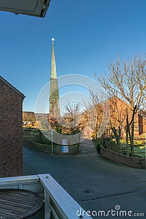 Helgoland, Germany - 02.27.2022: Slim tall pyramid of the modern Christian church in German island of Helgoland. Modern Editorial Stock Photo
