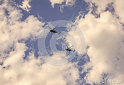 heli copter flight. helicopter transport. helicopter flying in the sky. two helicopter rotorcraft. police helicopter Stock Photo