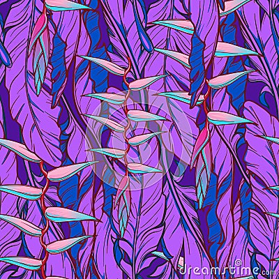 Heliconia flower on Banana leaves pattern. Dark blue background Vector Illustration