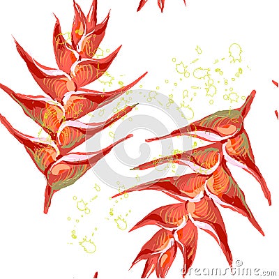 Seamless pattern of Heliconia flowers wild plantain, lobster claw, false bird-of-paradise flower, Heliconia rostrata Vector Illustration