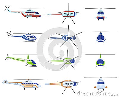 Helicopter aircraft vehicles. Avia transportation, city urban, private and medical rescue helicopter. Helicopter Cartoon Illustration