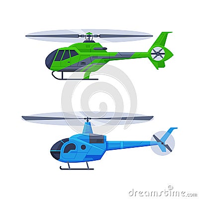 Helicopter as Rotorcraft with Horizontally-spinning Rotor Hovering in the Sky Vector Set Vector Illustration