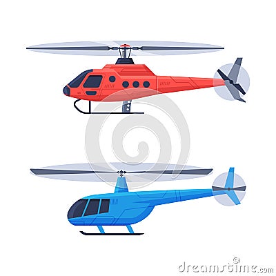 Helicopter as Rotorcraft with Horizontally-spinning Rotor Hovering in the Sky Vector Set Vector Illustration