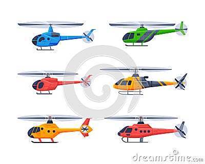 Helicopter as Rotorcraft with Horizontally-spinning Rotor Hovering in the Sky Vector Set Stock Photo