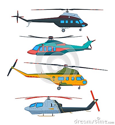 Helicopter Aviation. Helicopters cartoon. Avia transportation isolated on white Vector Illustration