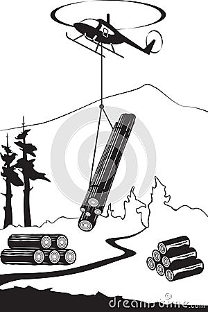 Helicopter carry wood timbers in the forest Vector Illustration