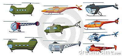 Helicopter cartoon aviation set. Avia transportation with propeller isolated on white. Vector copter aircraft rotor Vector Illustration