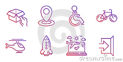 Helicopter, Disabled and Hold box icons set. Bicycle, Location and Airplane travel signs. Rocket, Exit symbols. Vector Vector Illustration