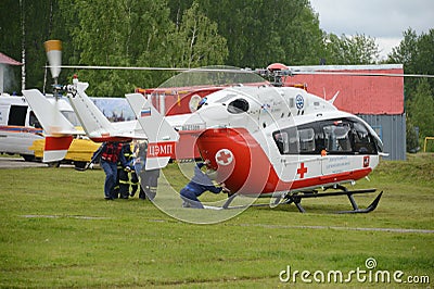 Helicopter emergency medical aid EU-145 on the range of Noginsk rescue center EMERCOM of Russia at the International Salon `Integr Editorial Stock Photo