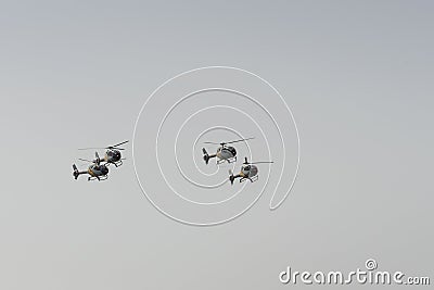 Helicopter Eurocopter Colibri from the Patrulla Aspa patrol flying during the spanish airshow Festival Aereo Internacional AGA 75, Editorial Stock Photo