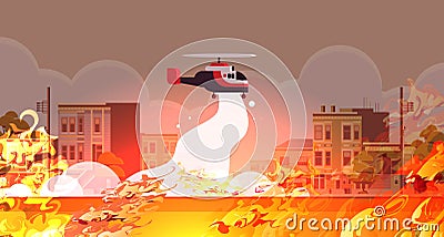 Helicopter extinguishes dangerous fire aerial firefighting natural disaster concept intense orange flames city street Vector Illustration
