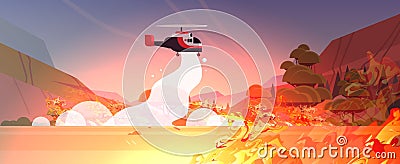 Helicopter extinguishes dangerous wildfire in australia fighting bush fire dry woods burning trees firefighting natural Vector Illustration