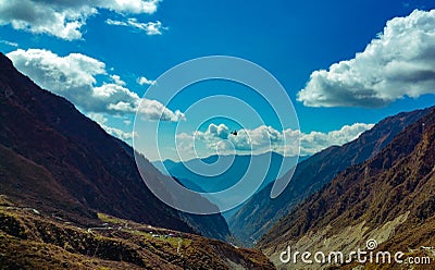 Helicopter ferrying pilgrims in Kedarnath Valley, Himalayas, Uttarakhand, India Stock Photo