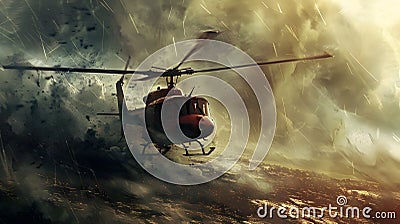 Helicopter Flying Across a Stormy Scene in Gritty Urban Realism Cartoon Illustration