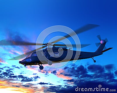 Helicopter flying over clouds sunset Stock Photo