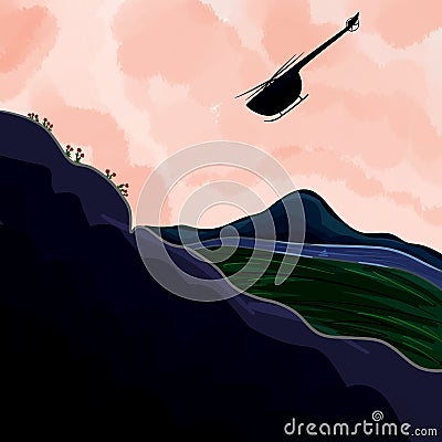 Helicopter flying over fields and mountains Stock Photo