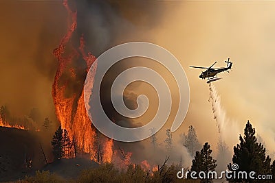 helicopter flying over wildfire, dropping water to extinguish flames Stock Photo