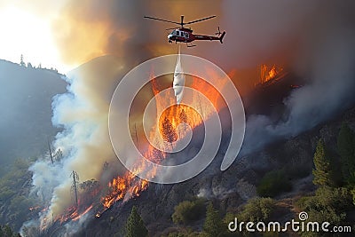 helicopter flying over wildfire, dropping water to extinguish flames Stock Photo