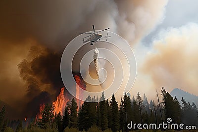 helicopter flying over wildfire, dropping water to extinguish flames Stock Photo