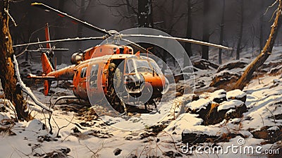 Helicopter In The Forest: A Meticulous Military Scene With Snowfall Stock Photo