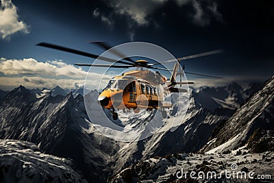 Helicopter hovering over snow-covered mountains during a daring winter rescue mission, showcasing the importance of timely and Stock Photo