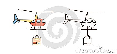 Helicopter icon with package box. Delivery shipment symbol, aircraft service. Cargo parcel transportation. Postal air Vector Illustration