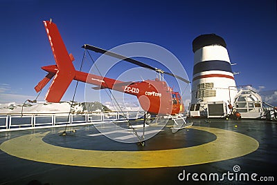 Helicopter on landing pad of cruise ship Marco Polo, Antarctica Editorial Stock Photo