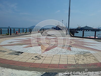 Helicopter landing pad with geographic cardinal directions in Jesselton Point Jetty boat terminal, Kota Kinabalu. Sabah, Malaysia. Stock Photo