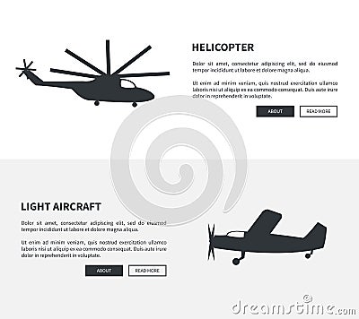 Helicopter and Light Aircraft Set of Black Banners Vector Illustration