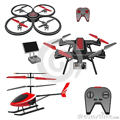 Helicopter and quadrocopter, quadcopter with camera, remote controls set Vector Illustration