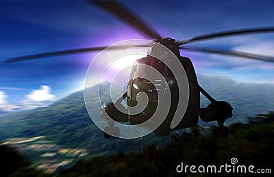 Helicopter on a rescue mission in a mountain Stock Photo