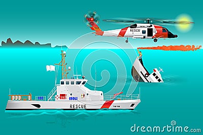 Helicopter rescue teams and ship at sea. Coast security. Sinking boat. Sailor takes a distress signal. The accident on the water. Vector Illustration