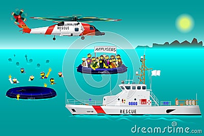 Helicopter rescue teams and ship at sea. The refugees on the boat. The accident on the water. Rescue on the water. Every object on Stock Photo