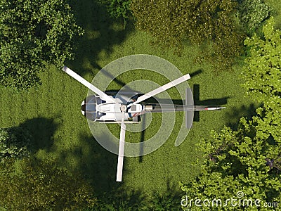 A helicopter is standing on the grass in a top view. Helipad in the forest among the trees. Aerial view. 3D render Stock Photo