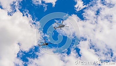 Helicopter tour. helicopter flying in the sky. two helicopter rotorcraft. police helicopter. heli copter flight Stock Photo