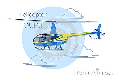 Helicopter tours. Helicopter Aircraft. Flat style. Emblem. Concept for business, active tourism, air travel. Vector Illustration