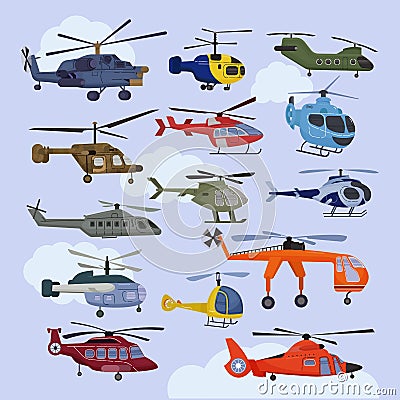 Helicopter vector copter aircraft jet or rotor plane and chopper flight transportation in sky illustration aviation set Vector Illustration