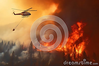 Helicopter with a water bucket hurries to fight the immense flames of a forest wildfire in a sky filled with clouds of smoke. Cartoon Illustration