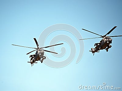 Helicopters in air show, May 9th Victory Parade, Moscow, Russia Stock Photo