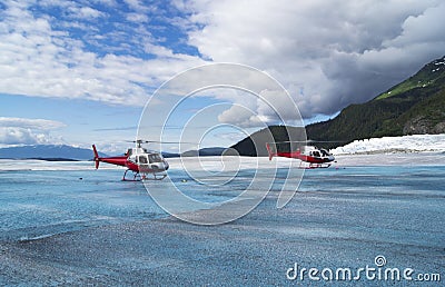 Helicopters on a Glacier Stock Photo