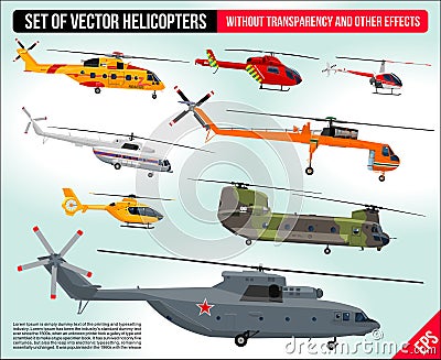 Helicopters set . Civil and army military transport helicopters collection flat design illustration Stock Photo