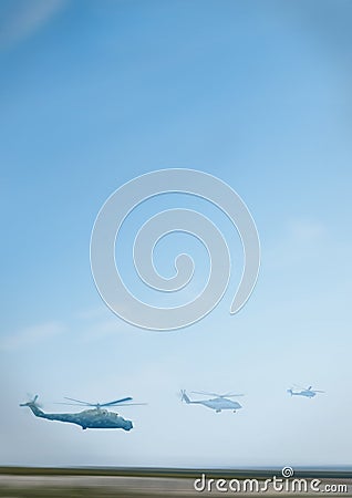 Helicopters speed flying silhouettes Stock Photo