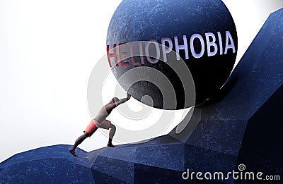 Heliophobia as a problem that makes life harder - symbolized by a person pushing weight with word Heliophobia to show that Cartoon Illustration